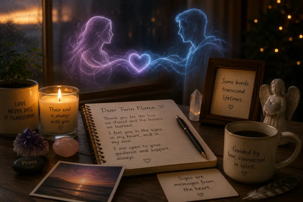 Spiritual connection between twin flames after death with a journal and candle