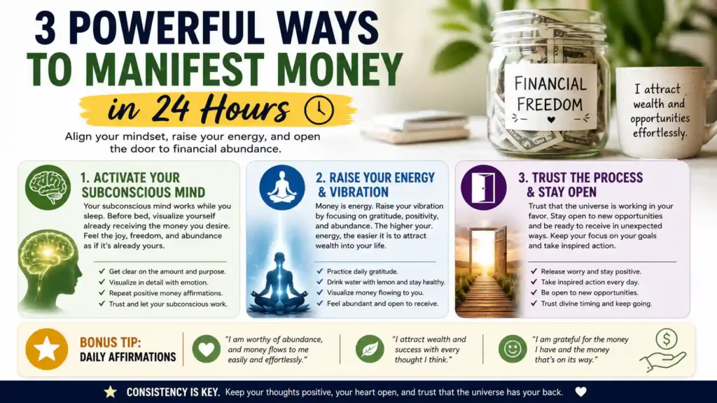 Infographic showing three ways to manifest money in 24 hours: visualize financial goals, practice gratitude and positive affirmations, and stay open to financial opportunities.