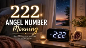 222 angel number meaning with a glowing 2:22 clock, symbolizing balance, harmony, and spiritual guidance.