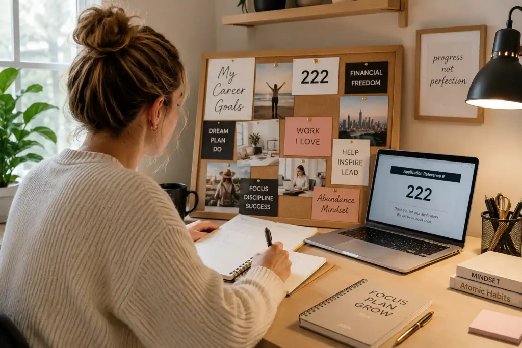 Woman planning career goals with 222 angel number on a vision board