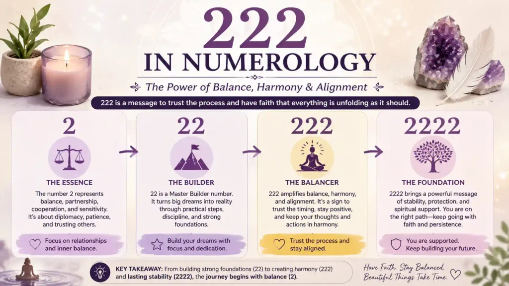 222 in numerology, showing how the number 2 relates to balance, 22 to building, and 222 to harmony and alignment.