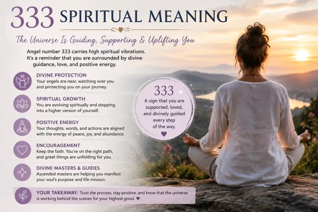 333 spiritual meaning infographic showing themes of divine guidance, spiritual growth, positivity, encouragement, and protection.