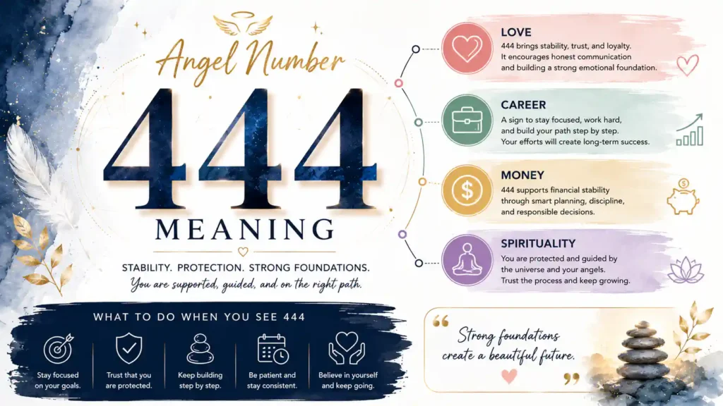 444 angel number infographic explaining its meanings for love, career, money, spirituality, stability, protection, and strong foundations.