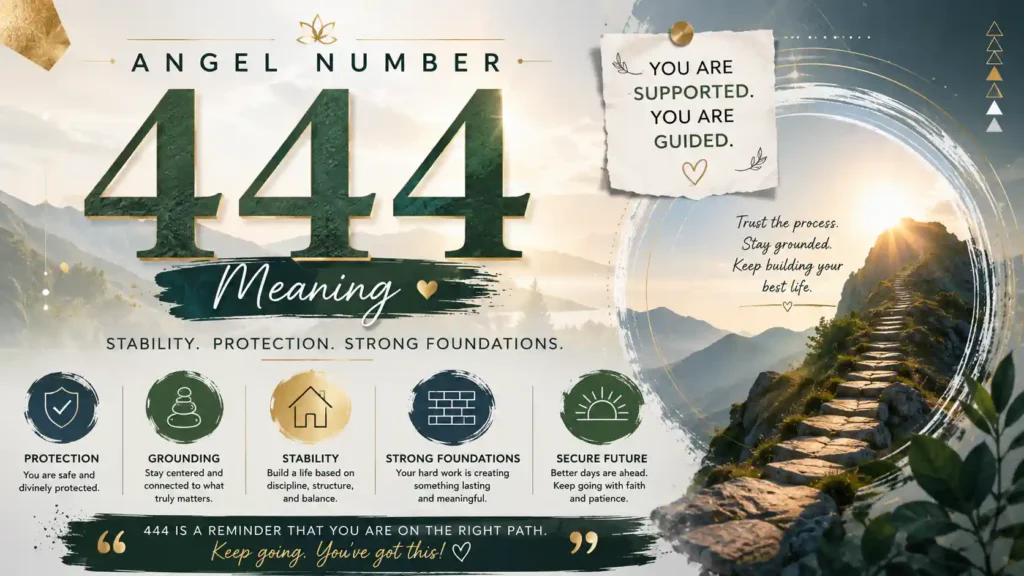 444 angel number infographic showing stability, protection, grounding, strong foundations, and building a secure future.