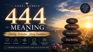444 angel number meaning graphic showing four stacked stones and themes of stability, protection, grounding, and strong foundations.