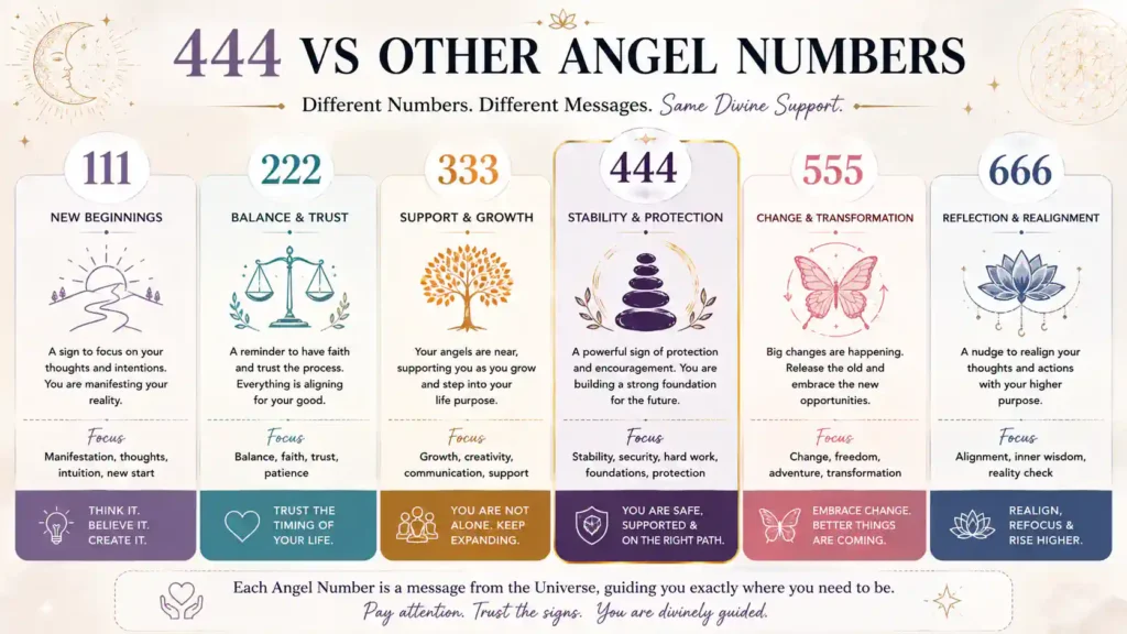 444 vs other angel numbers infographic comparing 111, 222, 333, 444, 555, and 666 and their commonly associated meanings.