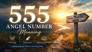 555 angel number meaning banner showing a sunlit mountain path with themes of change, freedom, transformation, and new beginnings.