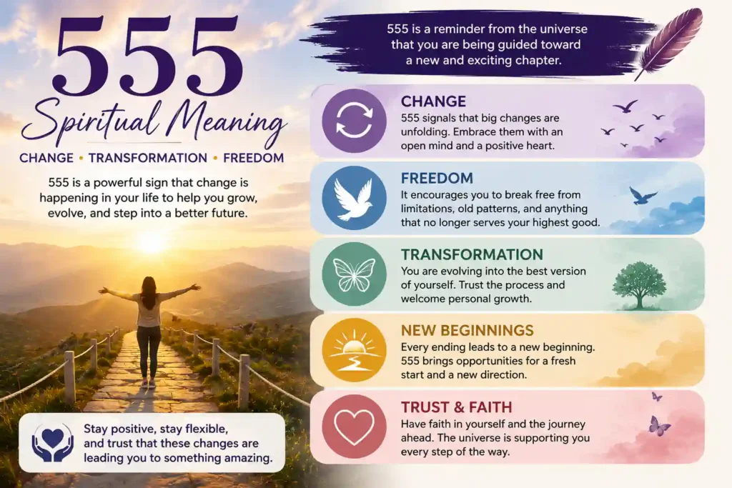 555 spiritual meaning infographic highlighting change, freedom, transformation, new beginnings, personal growth, and trust.