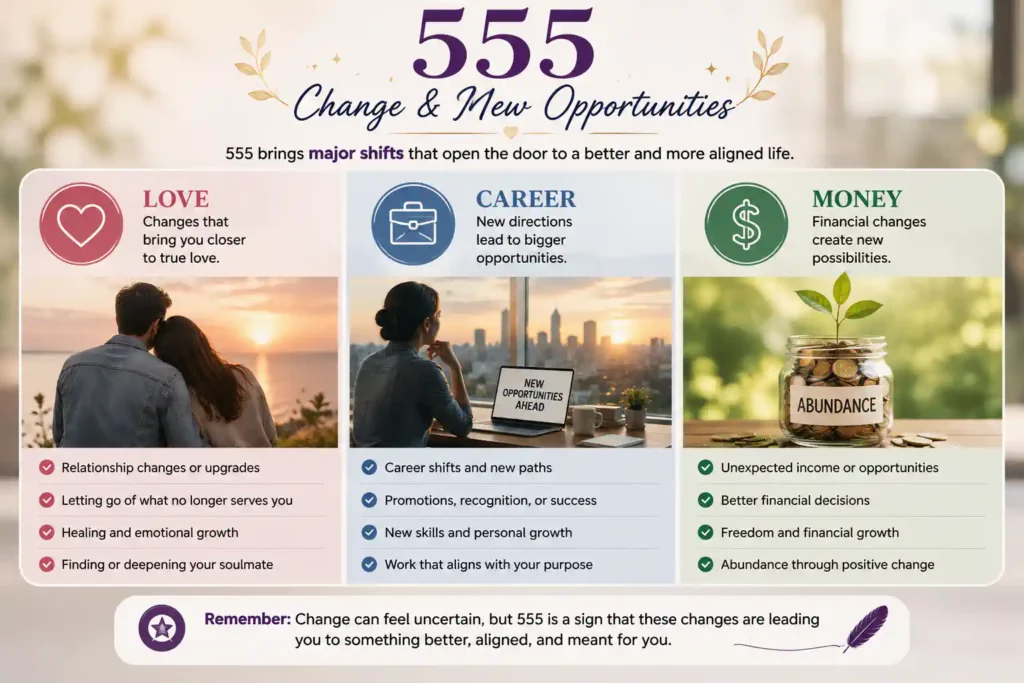 555 angel number infographic showing its commonly interpreted meanings for love, career, and money, with themes of change, new opportunities, growth, and financial transformation.