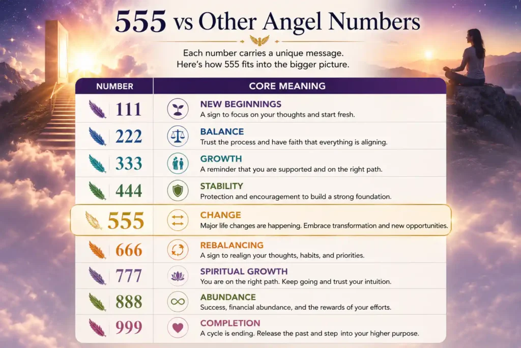 555 vs other angel numbers infographic comparing 111, 222, 333, 444, 555, 666, 777, 888, and 999 with their commonly associated meanings.