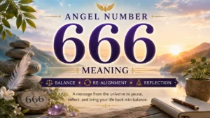 666 angel number meaning graphic highlighting balance, re-alignment, reflection, and restoring harmony in life.