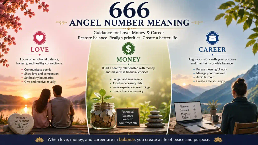 666 angel number meaning infographic covering love, money, and career, with themes of emotional balance, financial wisdom, work-life balance, and personal growth.