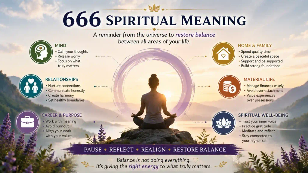 666 spiritual meaning infographic showing balance across the mind, relationships, home and family, career, material life, and spiritual well-being.