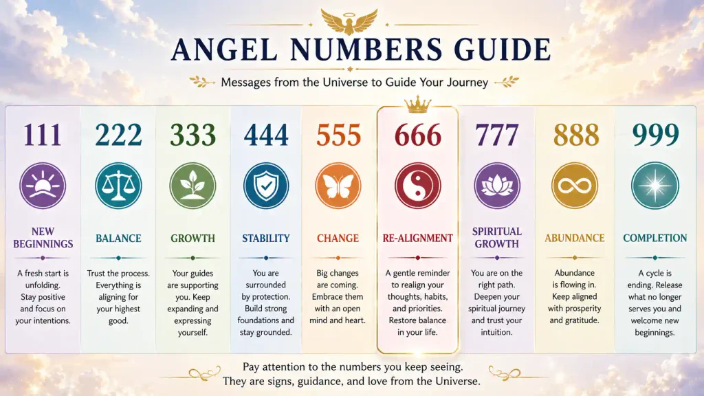 666 vs. other angel numbers infographic comparing 111 through 999, with 666 highlighted for re-alignment and balance alongside themes of new beginnings, growth, stability, change, spiritual growth, abundance, and completion.