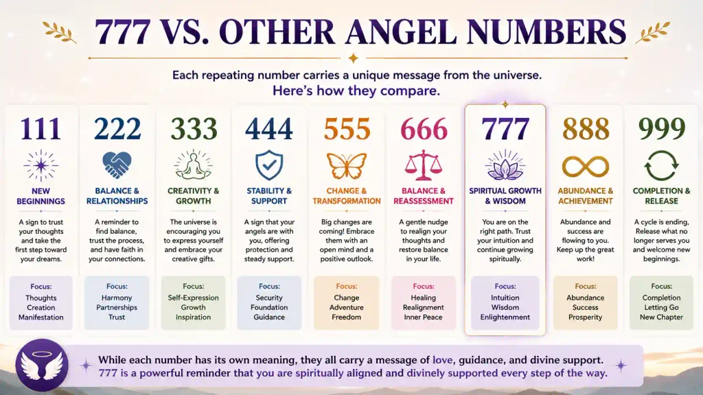 Comparison of 777 with repeating angel numbers 111 through 999, showing common meanings such as new beginnings, balance, growth, stability, change, spiritual wisdom, abundance, and completion.