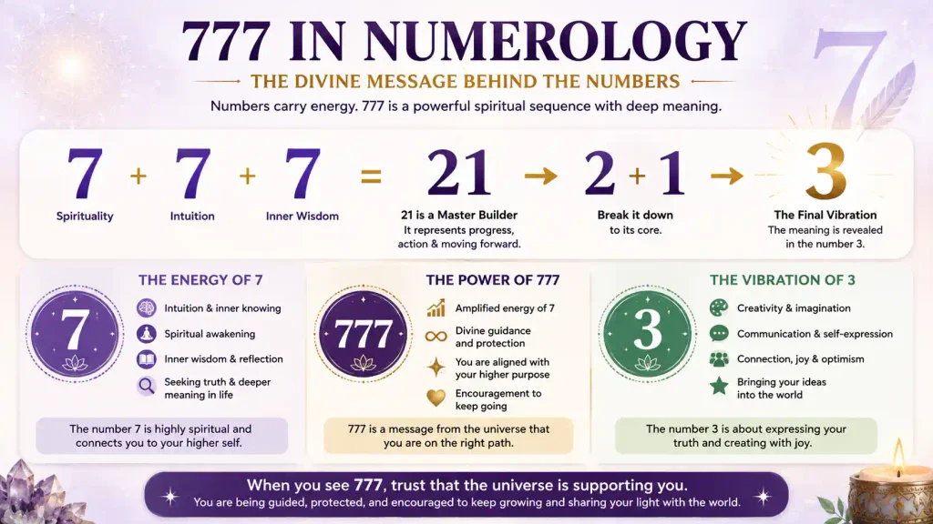777 numerology breakdown showing 7 + 7 + 7 = 21, reduced to 3, with meanings for intuition, spirituality, inner wisdom, and creativity.