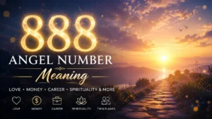 888 angel number meaning with a glowing 888 over a peaceful sunrise landscape