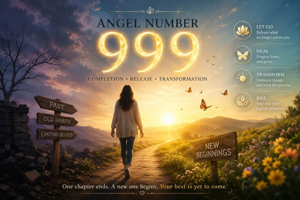 999 angel number symbolizing letting go of the past, healing, transformation, and new beginnings