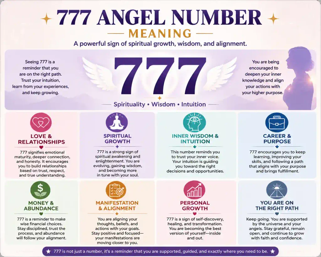 777 angel number meaning infographic showing spiritual growth, intuition, love, career, money, manifestation, and personal growth.