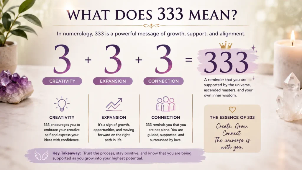 What does 333 mean? Infographic explaining 333 as a symbol of creativity, expansion, connection, growth, and spiritual support.