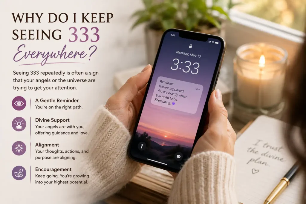 Person holding a phone showing 3:33, with an infographic explaining why people keep seeing 333 and its common spiritual meanings.
